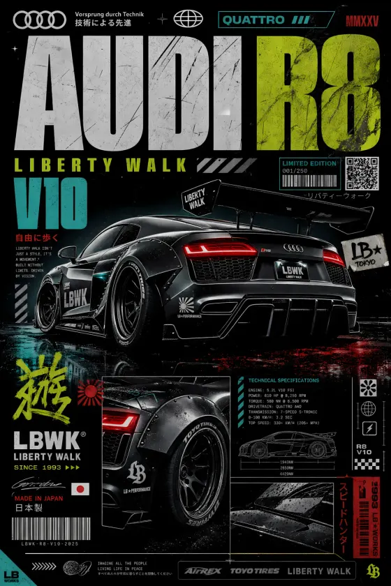 A rear 3/4 view of a black Audi R8 V10 Liberty Walk widebody supercar on wet asphalt. The poster features bold white and lime green typography reading 'AUDI R8' at the top, technical specifications in the bottom right corner, Japanese text including
