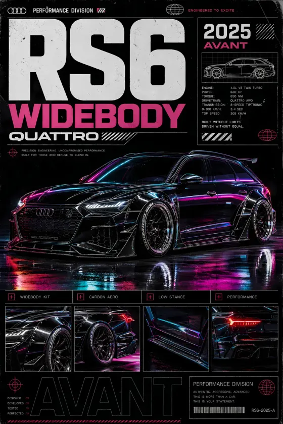 A black Audi RS6 Avant Widebody with neon pink and cyan underglow, set against a dark background with wet asphalt reflections. The poster includes a spec-sheet layout with engine stats, carbon aero callouts, low stance details, and performance