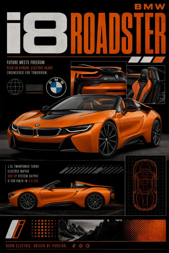 A tech-spec style poster featuring an orange BMW i8 Roadster with black accents, white text headlines, and technical graphics including engine specs, interior details, and a chassis line drawing on a dark background.