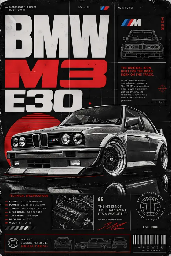 A black and silver BMW M3 E30 coupe on a dark background with red sun graphic, featuring technical specs table, engine photo, quote block, timeline graphic, vintage paper texture overlay.