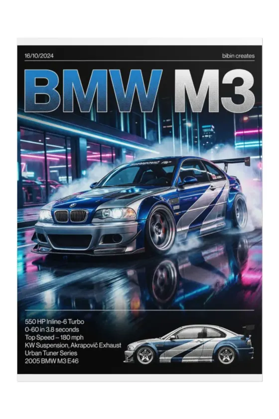 A blue BMW M3 E46 with silver widebody kit and Akrapovič exhaust drifts through a neon-lit city night, with a line-art side view of the car and 550 HP stats listed at the bottom.