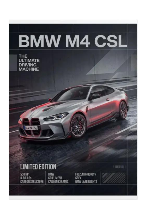 A high-contrast poster of a silver BMW M4 CSL on a dark, wet road at night. The car features red accents and black hood stripes against a concrete wall background.