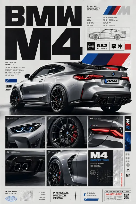 BMW M4 G82 Competition in Silver shown from the rear 3/4 angle. The poster features large black typography, a technical line drawing of the car, and a grid of close-up detail shots including front lights, wheels with red calipers, carbon diffuser,