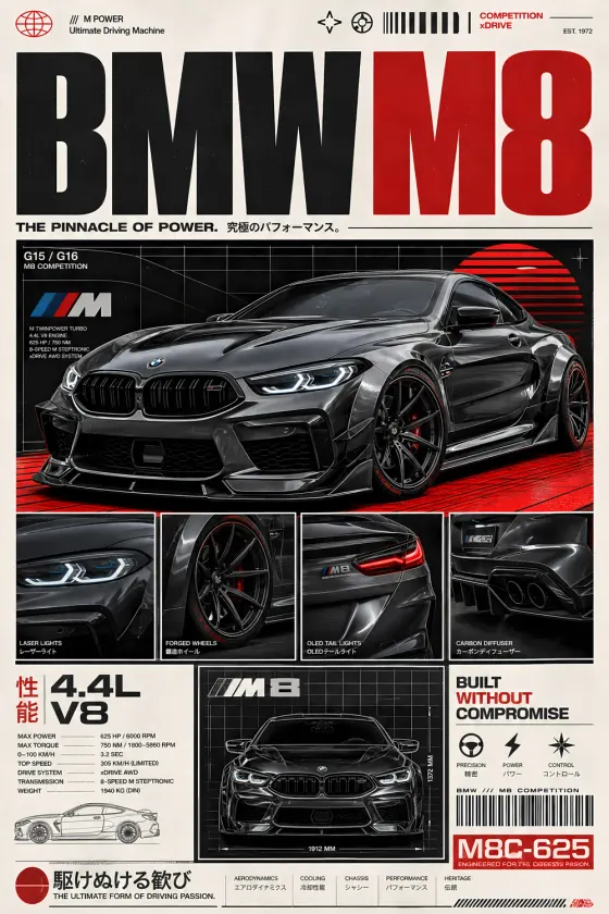 A black BMW M8 on a red floor, front 3/4 view with inset details of laser headlights, forged wheels, OLED tail lights and carbon diffuser. Below is a line drawing and full-width rear shot.