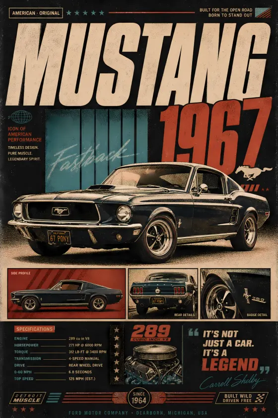 A vintage-style poster of a black 1967 Ford Mustang Fastback. The image includes the car in a three-quarter view, with inset photos showing side profile, rear details, and wheel close-ups. Text elements include 'Mustang', '1967', 'Fastback',