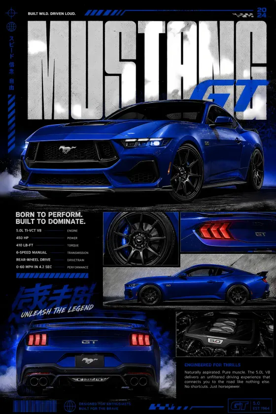 Ford Mustang GT in blue with black wheels, technical spec-sheet layout showing 5.0L V8 engine, 6-speed manual transmission, rear-wheel drive drivetrain, and 42 sec 0-60 mph performance stat.