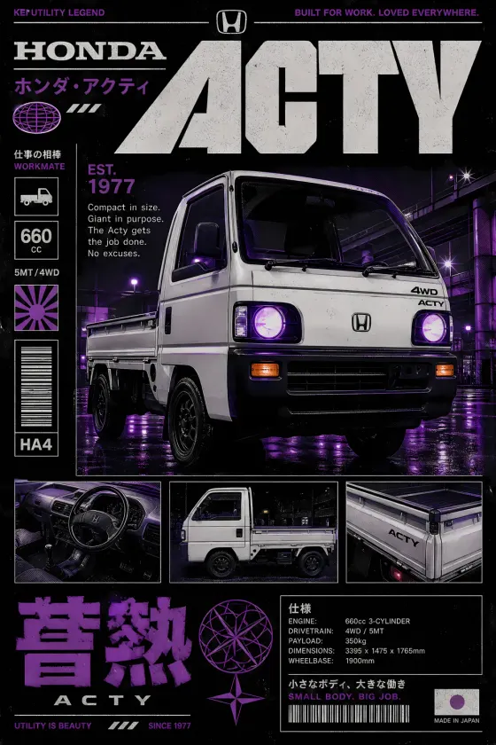 A white Honda Acty kei truck on a dark background with purple lighting accents. The poster features technical spec boxes, Japanese headlines in kanji, interior detail shots, and side profile insets against an urban night scene.