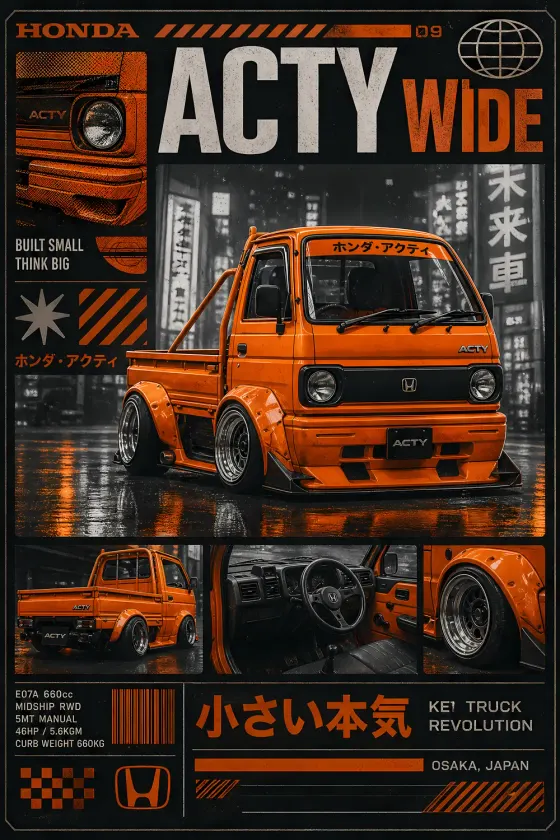 A vibrant orange Honda Acty Wide compact utility truck with a widebody stance and lowered suspension, set against a rainy dark city street background. The poster includes Japanese text, an interior shot of the cabin, and rear view details.