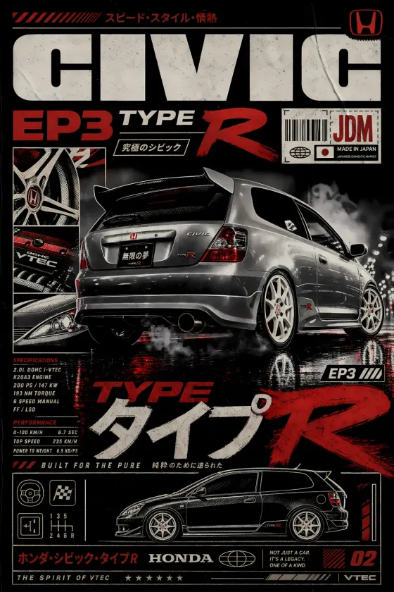 Silver Honda Civic EP3 Type R rear 3/4 view with drift smoke, closeups of wheels and engine bay, Japanese text headlines, performance spec table, chassis code K20A3, black background with red accents