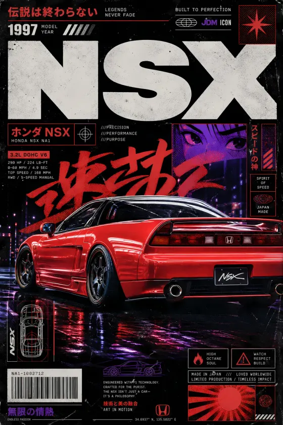 A red 1997 Honda NSX NA1 shown from the rear three-quarter view on a dark neon-lit street. Large white 'NSX' text dominates the top, with Japanese kanji and anime-style graphics overlaying the scene.