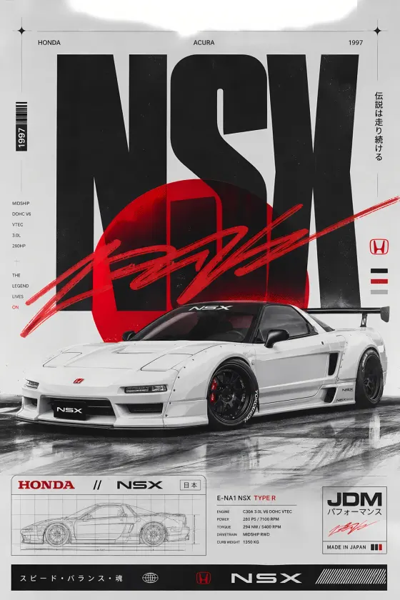 A white Honda NSX widebody sits on a wet asphalt surface. Behind it is a large black and red graphic with the letters NSX and a technical line drawing of the car in the bottom left corner.
