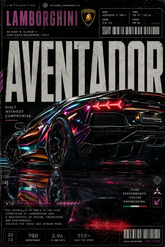 A Lamborghini Aventador LP 700-4 in a glossy, iridescent black finish with purple and red neon reflections, set against a dark wet street background. The poster features a large 'AVENTADOR' headline, technical spec box in the top right, and an