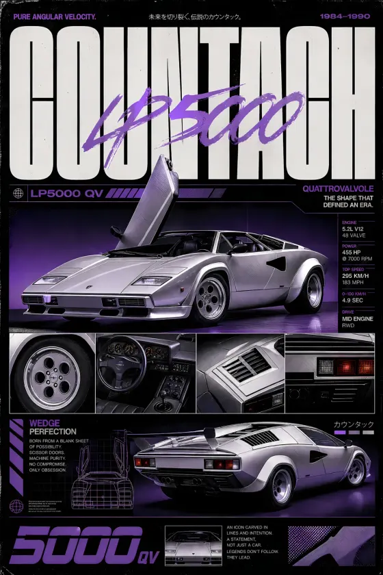 Matte silver Lamborghini Countach LP5000 QV with scissor door open, set against a dark purple background. The poster includes detailed close-ups of the interior dashboard, rear engine bay, and technical cutaway sketch alongside performance stats