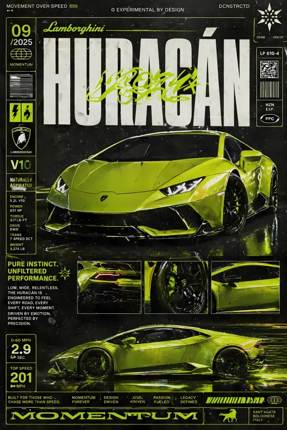 Lamborghini Huracán poster with a lime green supercar on a dark, wet asphalt background. The layout features a large magazine-style masthead reading 'Lamborghini Huracán', a technical spec box listing V10 engine details and performance stats like