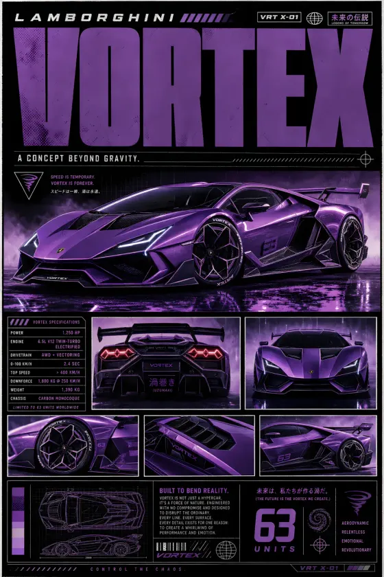 A technical spec sheet poster featuring a purple Lamborghini Vortex concept hypercar. The layout includes wireframe chassis drawings, rear and front views of the car, and a specification box listing engine power and weight details.