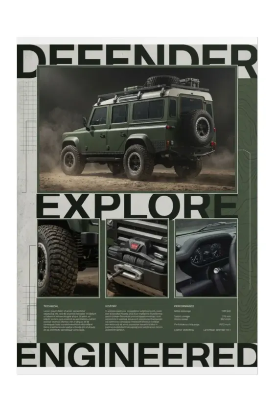 Land Rover Defender 110 in olive green with roof rack and spare tire, set against dusty off-road terrain. Poster includes inset wheel close-up, front winch detail, interior dashboard shot, and three text columns labeled TECHNICAL, HISTORY,