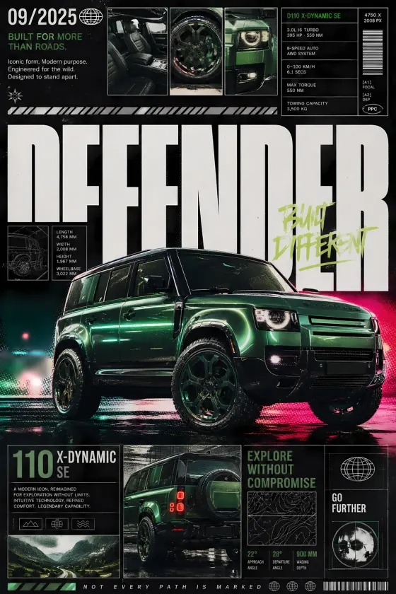 A Land Rover Defender 110 in green on a dark background, surrounded by technical specs and magazine-style graphics.