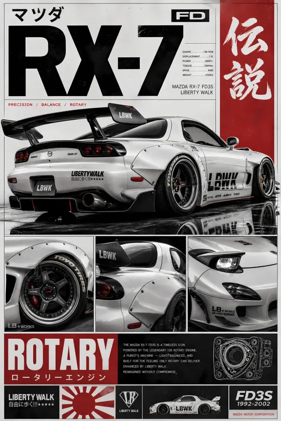A poster of a white Mazda RX-7 FD3S Liberty Walk widebody car, viewed from the rear three-quarter angle. The layout includes inset photos of the wheel and fender flares, Japanese text headlines, and a rotary engine diagram in the lower section.
