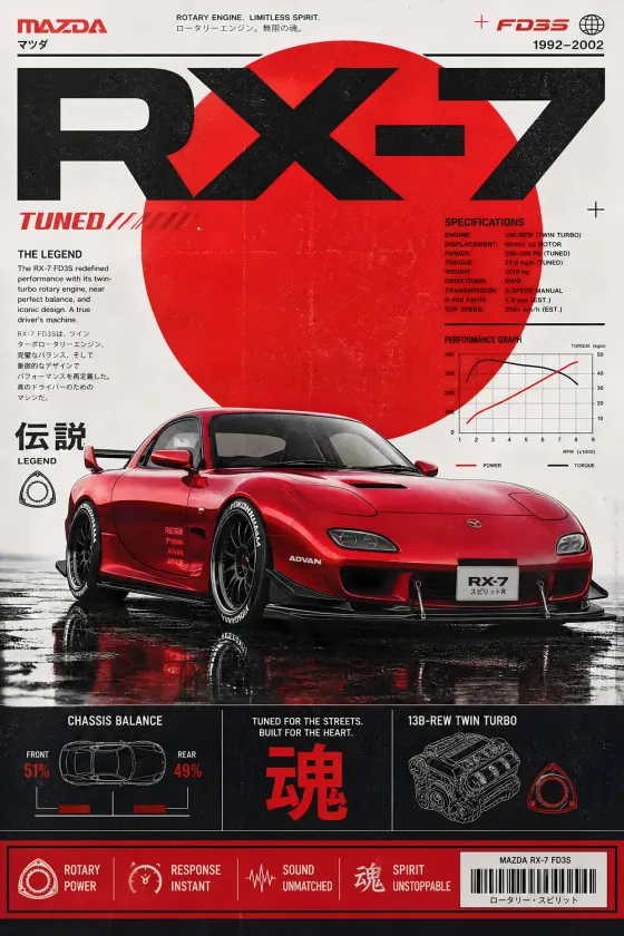 A red Mazda RX-7 FD3S shown in a Japanese-style technical poster. The background features a large red sun, with white text blocks detailing engine specs and chassis balance charts.