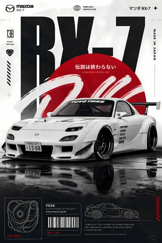 A Mazda RX-7 FD3S widebody poster featuring a white car on a wet street with red and black graphic elements. The image includes Japanese text, a rotary engine drawing, and a barcode label.