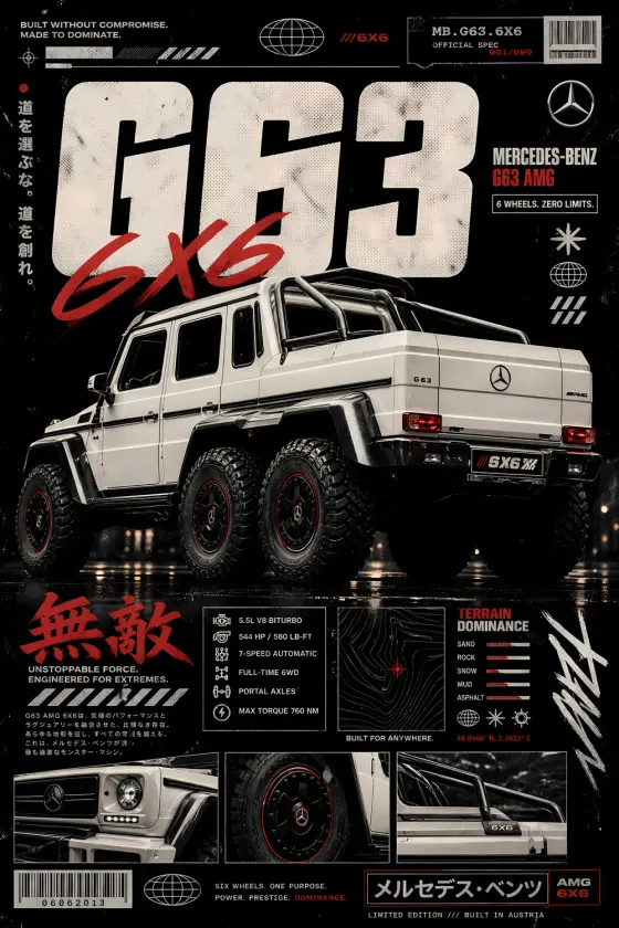A white Mercedes-AMG G 63 6x6 SUV is shown from a rear three-quarter angle against a dark, gritty background. Large white and red text reads G63 6x6 with Japanese characters and technical spec boxes detailing the V8 engine torque and terrain