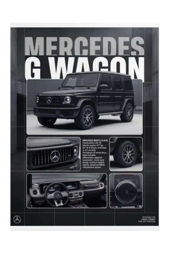 A black Mercedes-Benz G-Class on a dark grey background, framed by bold white text reading 'MERCEDES G WAGON'. Below are four inset photos showing the front grille, wheel, interior dashboard, and rear spare tire cover, plus a spec box listing engine