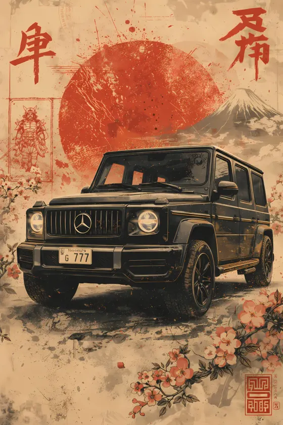 A black Mercedes-Benz G-Class SUV is the central focus of this vintage-style poster. The vehicle is set against a cream-colored background featuring a large red sun, Mount Fuji in the distance, and a samurai warrior illustration on the left. Cherry