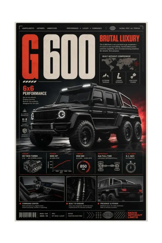 A detailed spec-sheet poster of the black Mercedes-Benz G600, featuring a V8 twin turbo engine diagram, power graph, 6x6 drivetrain schematic, interior cockpit shot, suspension close-up, rear view with taillights, world map graphic, terrain icons,