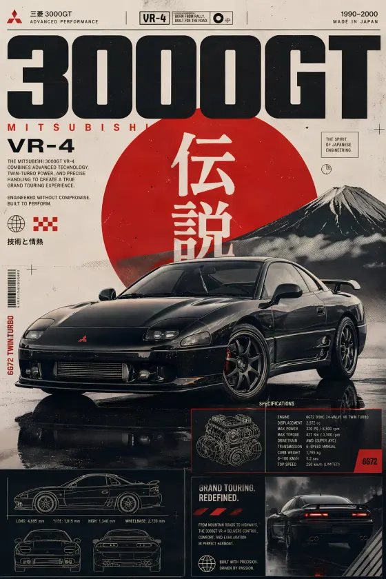 Mitsubishi 3000GT VR-4 in black on white background with red sunburst graphic, Japanese kanji text reading 'Densetsu' (legend), Fuji mountain silhouette, engine diagram, and technical specifications table