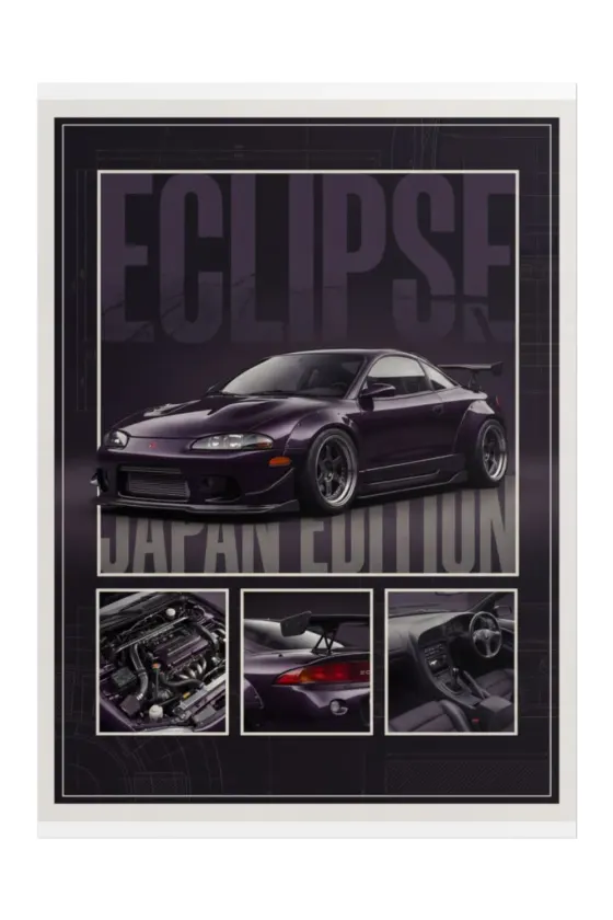 A Mitsubishi Eclipse poster featuring a purple coupe with technical blueprint-style graphics, engine bay close-up, rear spoiler view, and interior dashboard shot against a dark background.