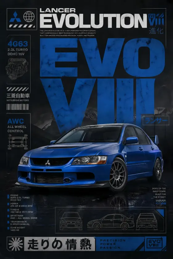 A Mitsubishi Lancer Evolution VIII poster featuring a blue rally-inspired sports sedan against a black technical background. The image includes an engine diagram, chassis specs table, Japanese kanji text, and line drawings of the car.
