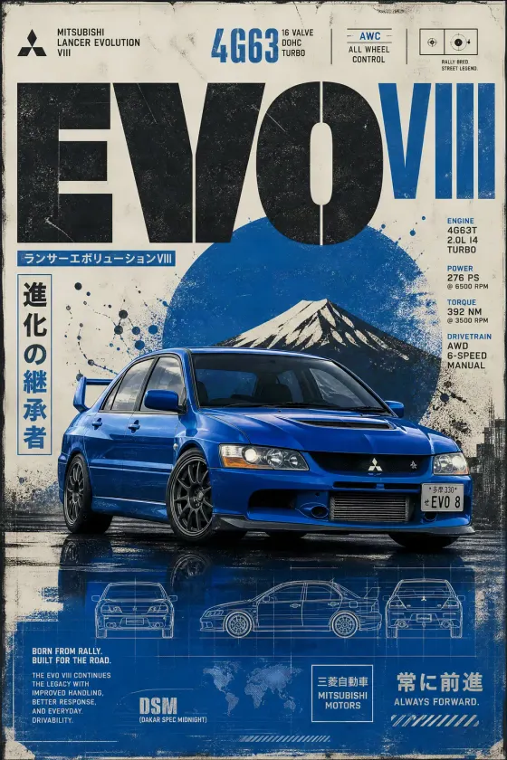 A vintage-style poster of a blue Mitsubishi Lancer Evolution VIII parked on wet pavement with a Mount Fuji silhouette and blueprint car schematics at the bottom.