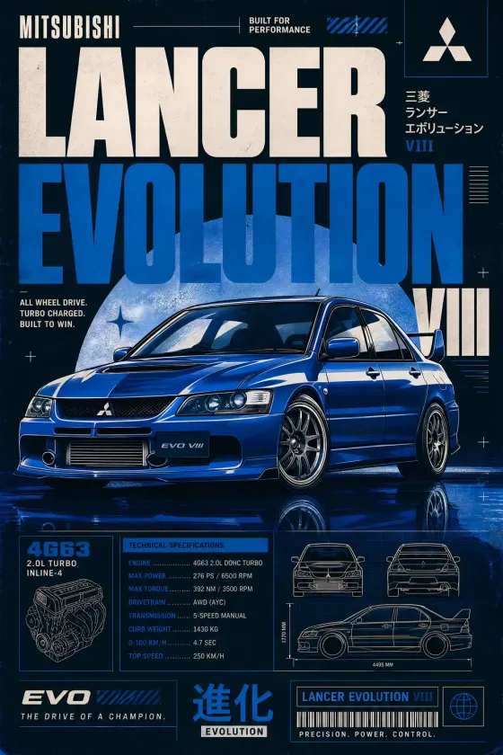 A poster of a blue Mitsubishi Lancer Evolution VIII rally car on a dark blue background. The image includes technical specifications, engine diagrams, chassis drawings, and Japanese text.