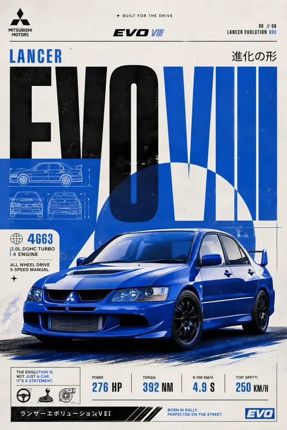 A poster of a blue Mitsubishi Lancer Evolution VIII with black wheels and a large rear wing. The background is white with large black and blue text reading EVO VIII and Japanese characters, along with technical line drawings of the car chassis and a