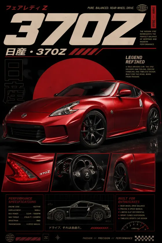A vertical automotive poster featuring a red Nissan 370Z on a black background with a large red sun motif. The layout includes a massive '370Z' headline, Japanese text, performance specification tables, and inset images showing the taillight,