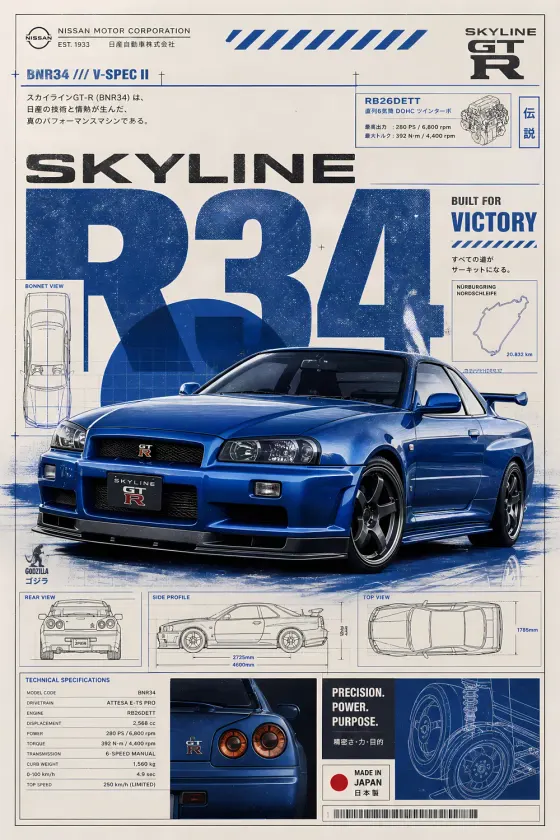 Nissan Skyline GT-R BNR34 V-Spec II poster in blue with white background. Features technical drawings, engine specs, Nurburgring map, Godzilla logo, and precision power purpose text.
