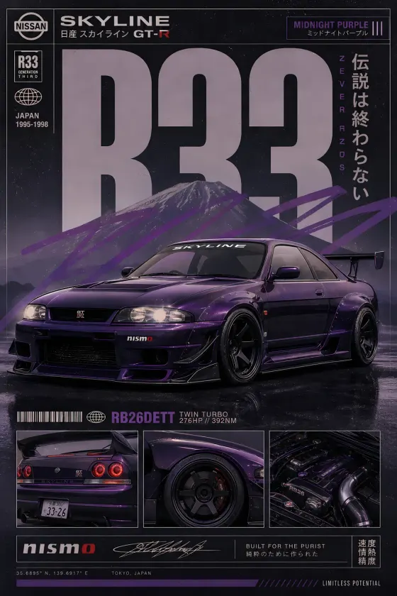 Nissan Skyline GT-R R33 in Midnight Purple widebody stance on a poster with Fuji mountain backdrop. Features spec box, Nismo branding, Japanese kanji text, rear wheel close-up, and engine bay graphic.