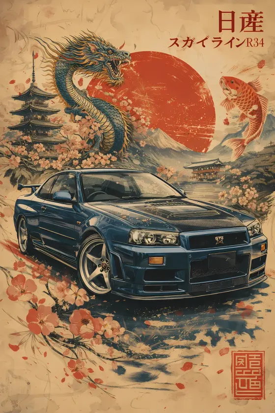 A blue Nissan Skyline GT-R R34 in a Japanese ukiyo-e style illustration featuring a dragon, pagoda, koi fish, cherry blossoms, and Mount Fuji against a red sun.