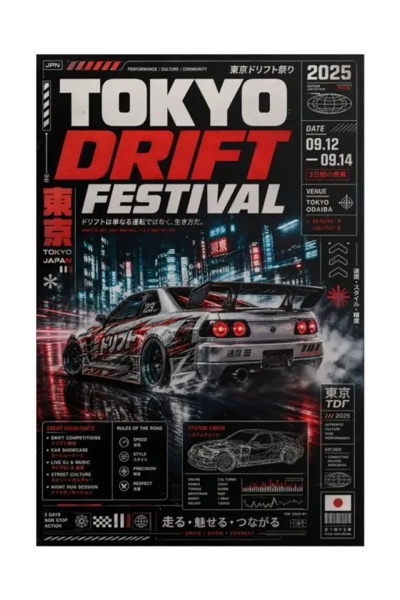 Rear view of silver Nissan Skyline GT-R R34 with large wing drifting on wet Tokyo street at night, surrounded by neon city lights and Japanese signage, featuring event schedule boxes, car spec table in bottom right corner, and bold festival text