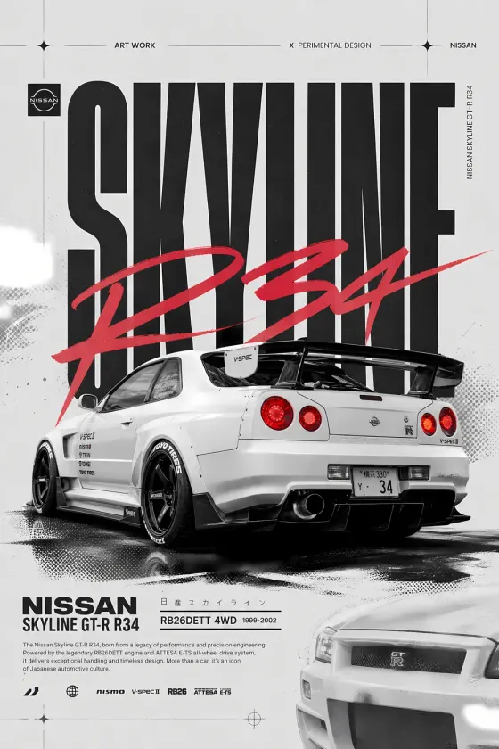 A white Nissan Skyline GT-R R34 V-Spec II shown from a rear three-quarter angle on a wet asphalt surface. The poster features large black 'SKYLINE' text and red 'R34' script typography. Technical details include RB26DETT engine specs, ATTESA E-TS