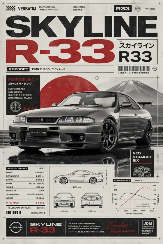 A grey Nissan Skyline R33 sports car is the central focus of this magazine-style poster. The background features a large red circle and Mount Fuji in black and white, with technical engine drawings, performance graphs, and Japanese text detailing the