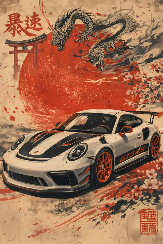 A white Porsche 911 GT3 RS with orange wheels and black racing stripes is the central subject. It sits in front of a large red sun, beneath two grey dragons and a Torii gate. The background includes cherry blossoms and Japanese kanji text.
