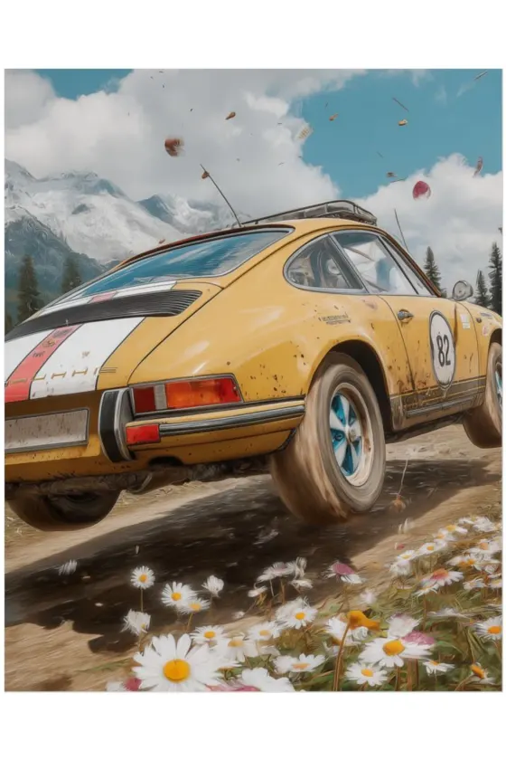 A yellow Porsche 911 rally car with mud splatters and a roof rack, set against snow-capped mountains and daisies.