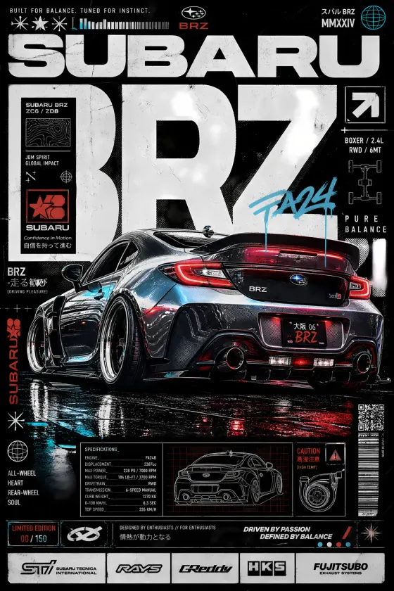 Subaru BRZ rear 3/4 view on wet asphalt at night with red taillight reflections. Poster features technical spec sheet overlay, Japanese text boxes, blueprint chassis line art, and exhaust detail callout.