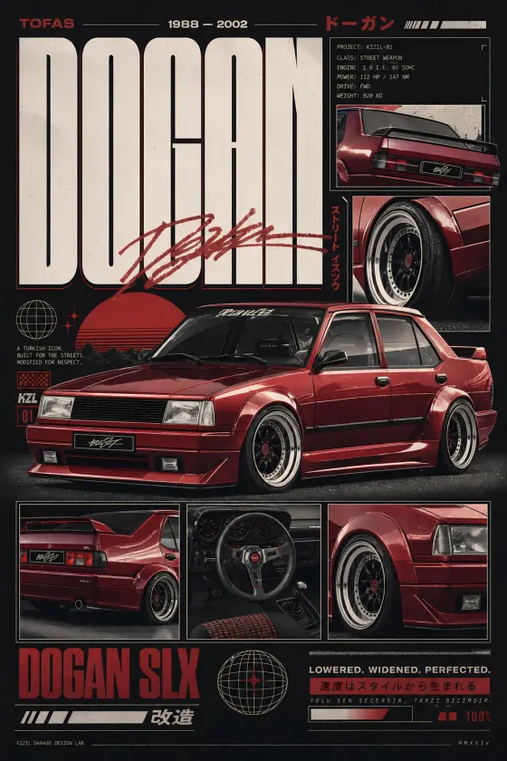 A red Tofas Dogan SLX widebody poster with black background, white typography, and technical spec details including interior shot, rear spoiler close-up, and Japanese-style text.