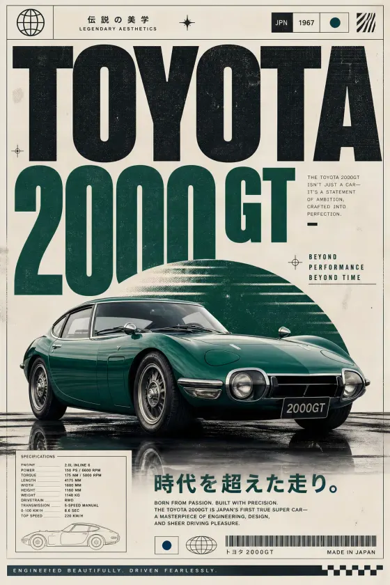 Vintage-style poster featuring a Toyota 2000GT in emerald green against an off-white background with black typography, Japanese text headlines, and a detailed spec sheet table at the bottom.