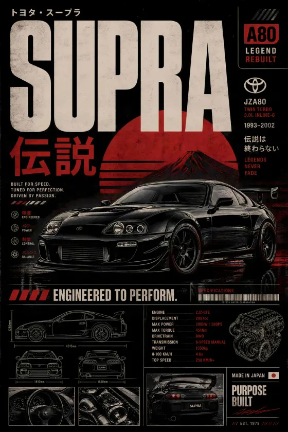 A black Toyota Supra A80 poster featuring a red sun and Fuji mountain silhouette. Includes technical drawings, engine specs, and Japanese text.