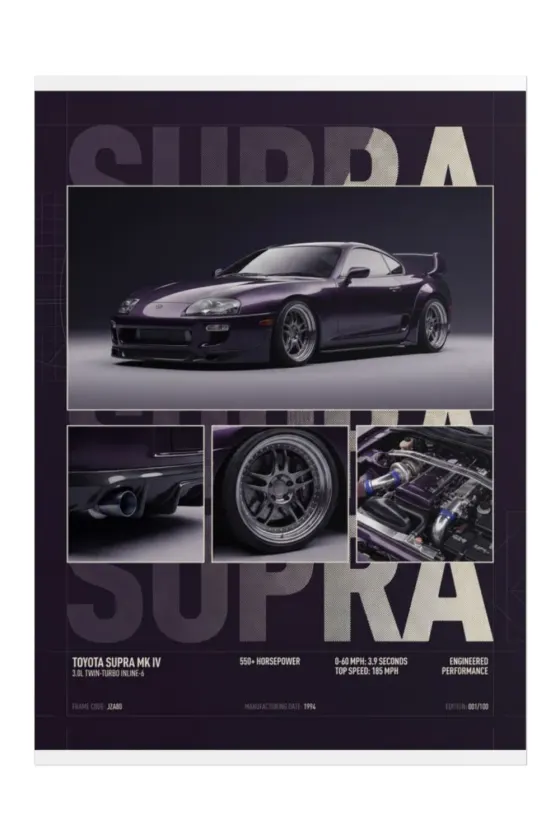 Dark purple Toyota Supra MK IV JZA80 with 3.0L twin-turbo inline-6 engine, carbon fiber diffuser, BBS wheels, and technical specs on a dark background.