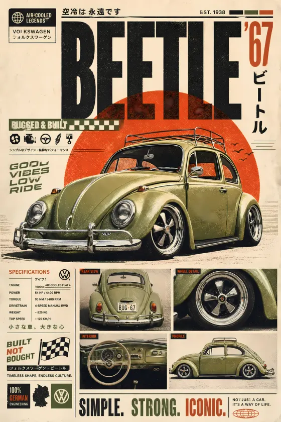 Olive green Volkswagen Beetle 1600cc poster with orange sun background, spec table showing engine power and torque, rear view crop, wheel detail close-up, interior dashboard shot, side profile sketch, checkered flag graphic, Japanese text headers.
